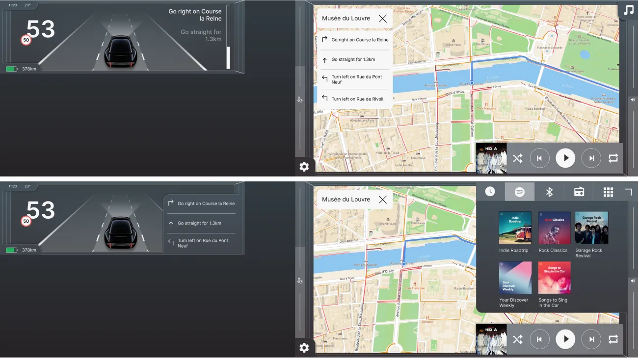 The driver can choose between a big map with calm cluster, or media controls with busy cluster